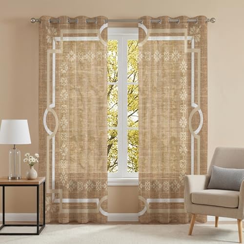 Brown Farmhouse Sheer Curtains 96 Inch Long 2 Panels, Linen Texture