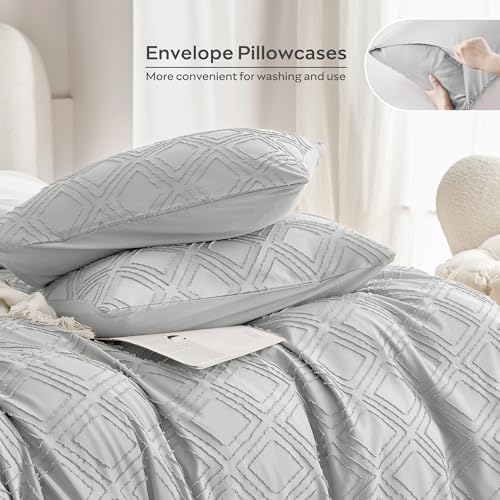 JELLYMONI Light Grey Grid Tufted Duvet Cover Set King Size