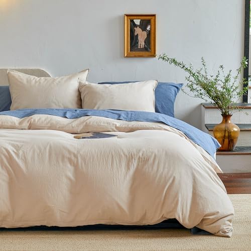 Queen Size Washed Cotton Duvet Cover Set, 3 Pieces Linen Like Cooling