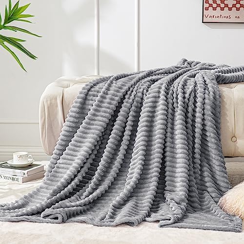 BEDELITE 3D Ribbed Jacquard Grey Fleece Twin Blanket for Bed, 60x80