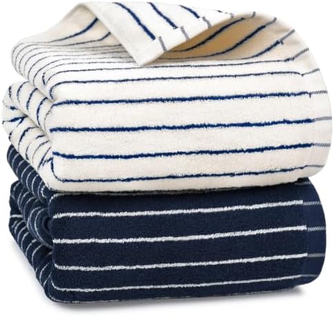 Navy Blue Bath Towels Set of 2, Striped Towels for Bathroom, Pool &