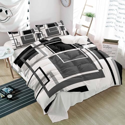 Duvet Cover Set Queen, Geometric Grey Black Abstract Art 3 Piece