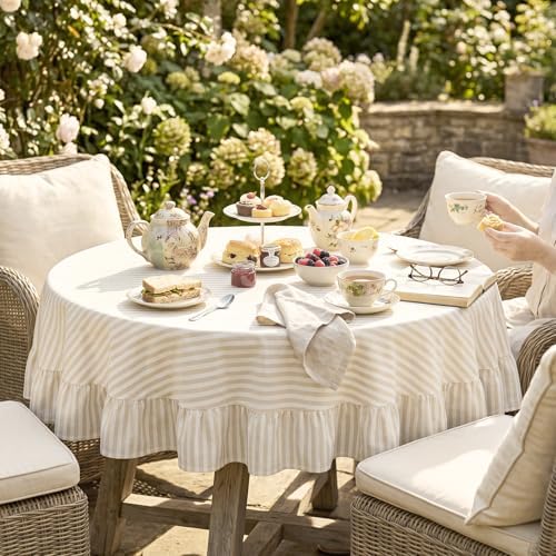 Mindsoft Beige Striped Ruffled Round Tablecloth 70 x 70 Inches
