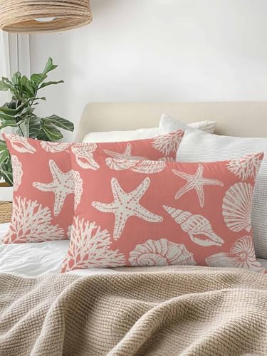 Throw Pillows 12x20 Set of 2, Coral Pink Starfish Coastal Waterproof