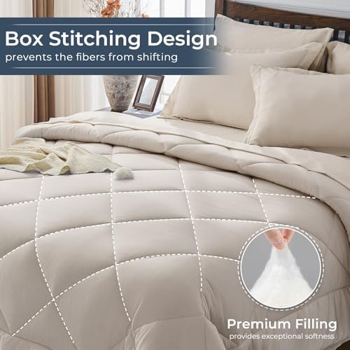 HEVUMYI 7-Piece California King Comforter Set, Beige Bed in a Bag