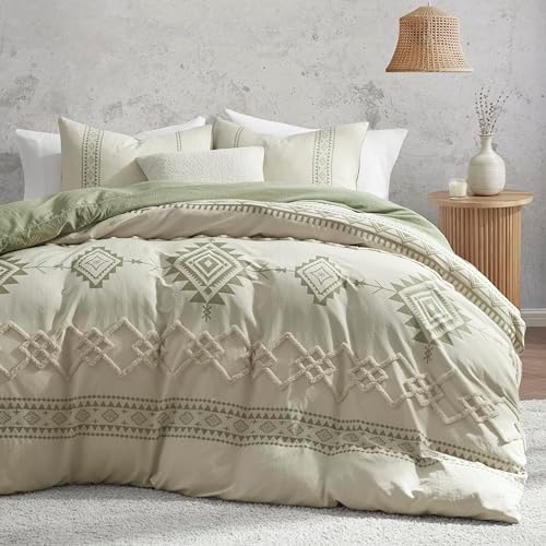 Oli Anderson Boho Duvet Cover King Size, Beige & Sage Green, 3 Pieces