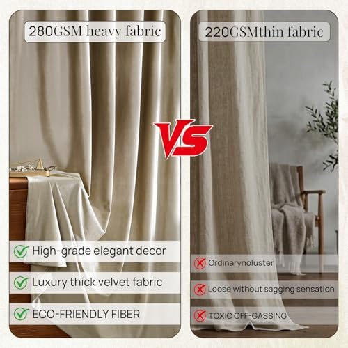 PRIMROSE Taupe Velvet Blackout Curtains 90 Inches Long,Luxury Living