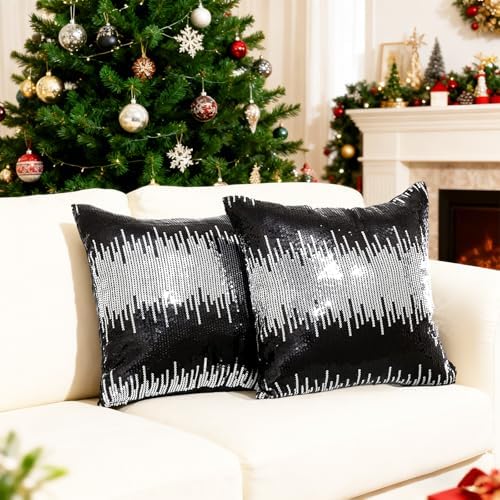 Eternal Beauty 2 Pcs Black & Silver Sequin Throw Pillow Covers 18x18