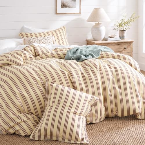 JOLLYVOGUE Striped Duvet Cover King, Brown Duvet Cover with Red
