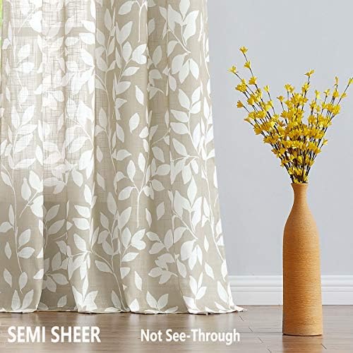 Leaf Print Semi Sheer Curtains 52x95" Taupe White Bedroom Window