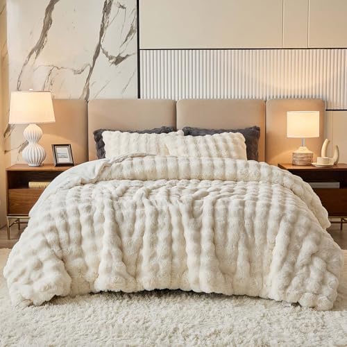 King Faux Rabbit Fur Comforter Set - 3 Pieces Fluffy Bedding Set Ultra