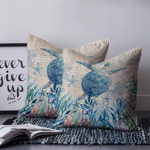 Pillow Covers 20x20 Set of 2, Teal Sea Turtle Square Throw Pillow