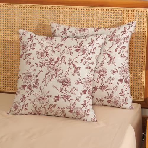 Burgundy Red Floral Pillow Covers 18x18 Set of 2 Chinoiserie Floral