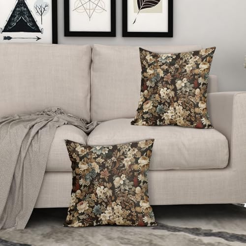 Deep Brown Vintage Floral Pillow Covers 20X20 Inch Set of 2 Boho Ivory