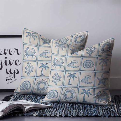16x16 Pillow Covers Set of 2, Vintage Blue Coastal Throw Pillow Covers