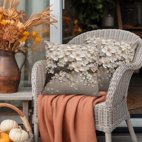 Outdoor Pillow Covers 18 x 18 Inches, White Floral Tree Waterproof