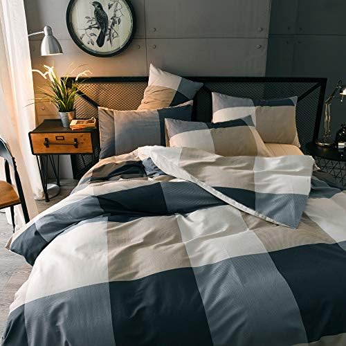 mixinni Queen Size Checkered Duvet Cover Set - 3 Piece Grey Geometric