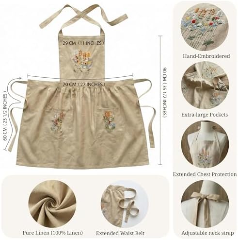 +Linen Embroidered +Apron For +Women With +Pockets, Cute Kitchen