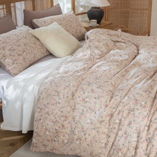Floral Duvet Cover Queen Size - 3 Pieces Brushed Microfiber Crinkle