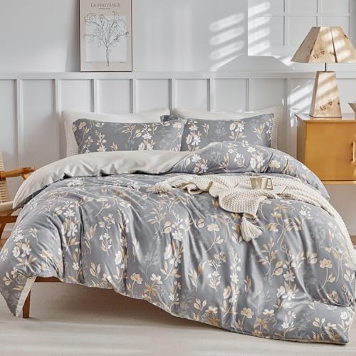 Lekesky Reversible Duvet Cover Queen Size, Grey with Gold Floral