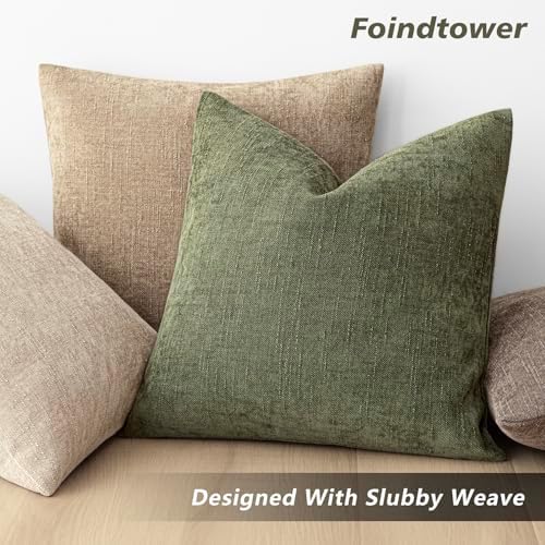 Foindtower Solid Textured Chenille Throw Pillow Covers 22x22,Olive