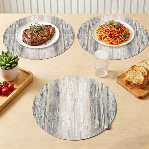 Vintage Wood Planks Faux Leather Placemats Set of 6, 15in, Waterproof