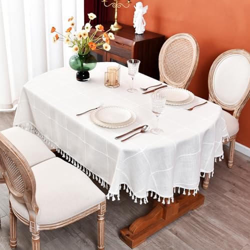 Rustic Cotton Linen Oval Tablecloth, Farmhouse Checkered Heavy Weight