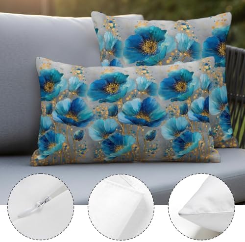Set of 4 Blue Green Flowers Pillow Covers Modern Teal Gold Floral
