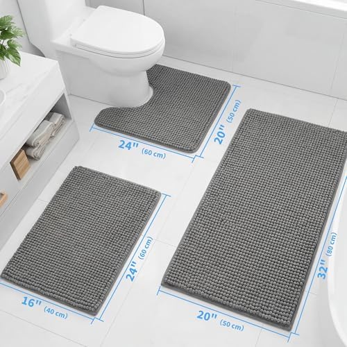 Cupic Cupid Chenille Bath Mat Sets of 2, Non Slip Bathroom Rugs, Grey