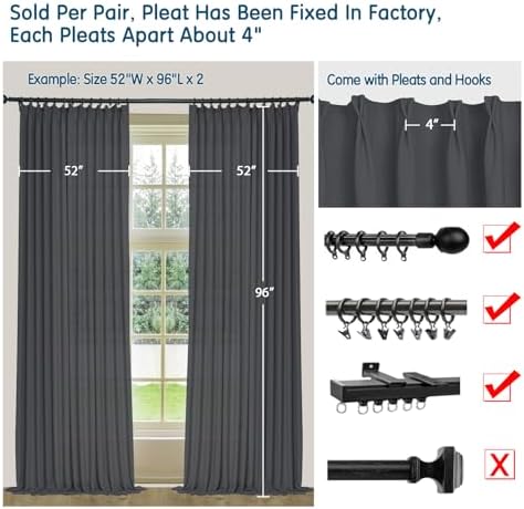 LETAU Pinch Pleats Carbon Grey Linen Curtains 84 inches Long, Lined