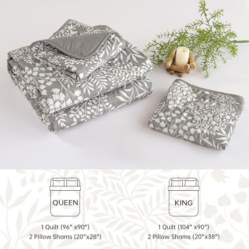 WONGS BEDDING Gray Quilt Set King Size, Botanical Print Bedspread