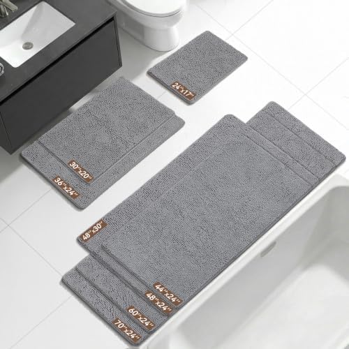 Bcoimo Bath Rug Mat,60x24 Chenille Non Slip Grey Long Bathroom Runner