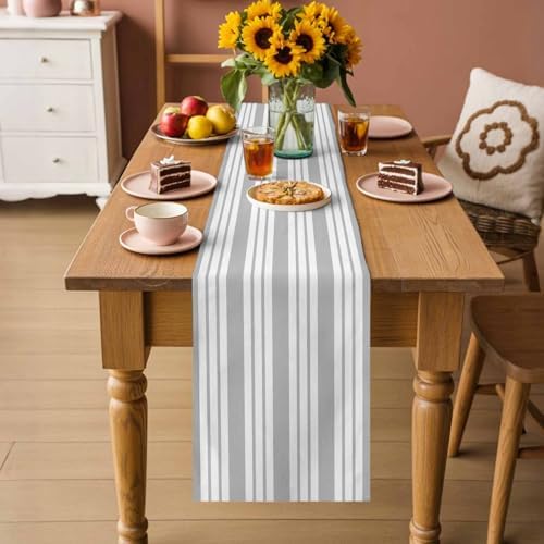 Striped Grey Table Runner - 120 Inch Long, Farmhouse Line Stripes