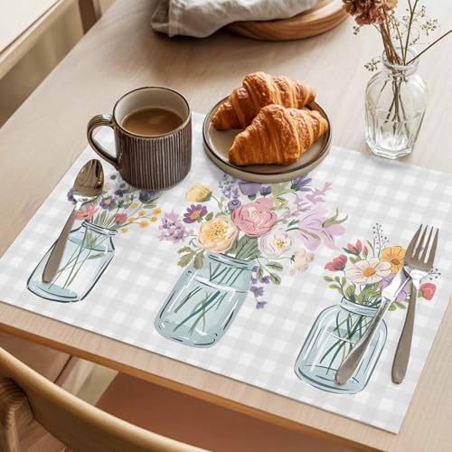 Flowers Plants Placemats Set of 8, Watercolor Spring Floral Farmhouse