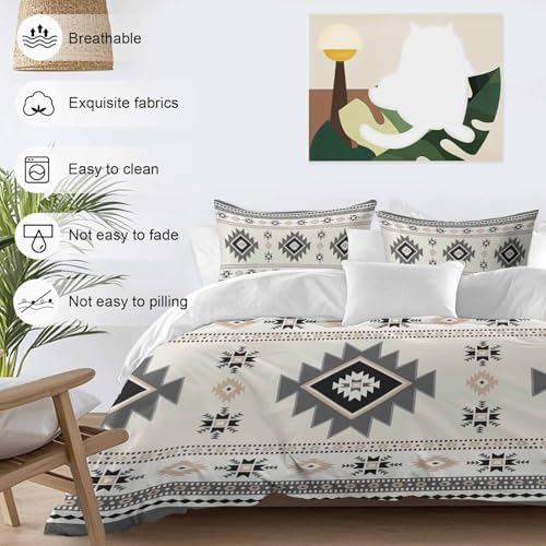 Gray Beige Boho Bedding Duvet Cover Queen Size - 1 Quilt Cover 90x90