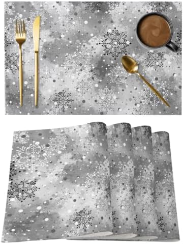 Grey Christmas Placemats Set of 8, Cotton Linen Fabric Place Mats