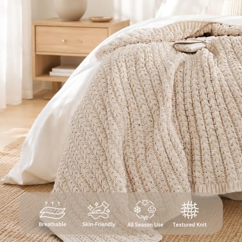 Chenille Knit Throw Blanket, Cream 50x60