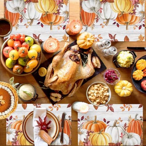 Placemats Set of 8, Thanksgiving Pumpkin Autumn Maple Leaf Washable