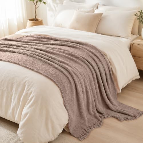 Knit Throw Blanket 50x60, Soft Fuzzy Fringe, Taupe