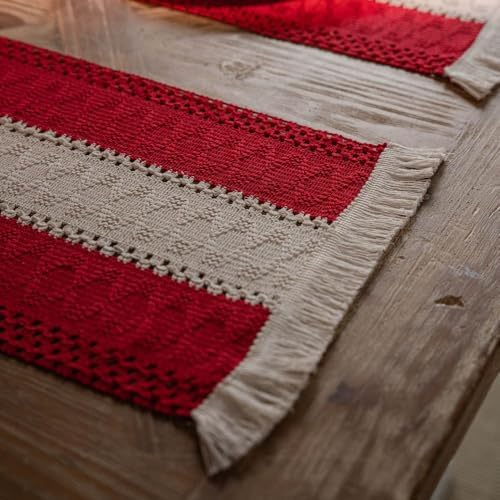 Set of 4 Placemats Woven Striped Tassels Cotton and Linen for Kitchen