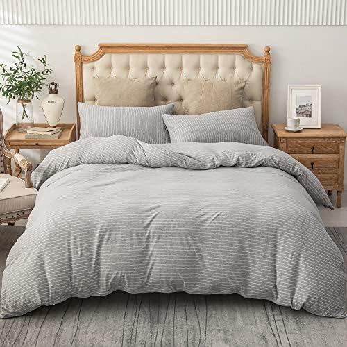 PURE ERA Jersey Duvet Cover Set Heather Grey & White Pintripe Queen