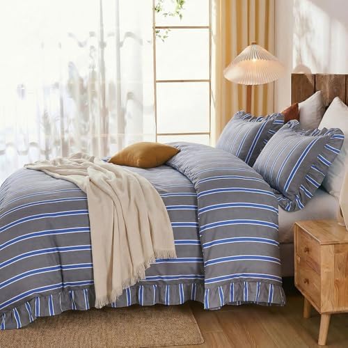 Merryword Blue and Gray Striped Duvet Cover Set King Size, 100% Cotton
