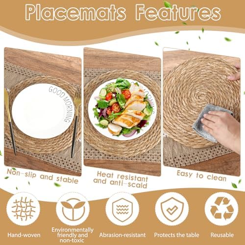 Boho Placemats Set of 6,Table Runner with Matching Round Woven