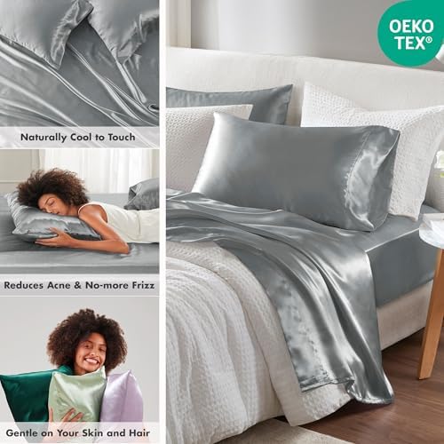 Madison Park Essentials Satin Sheets King Size Bed Set, 6 Piece, Grey