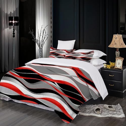 Geometric Stripe Duvet Cover Set King, 3 Pieces Black Gray Red Waves