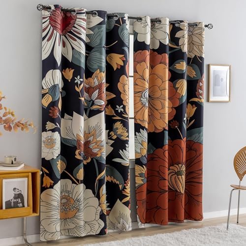 Tyrot Black Boho Floral Grommet Blackout Curtains, 52W x 96L, 2 Panels