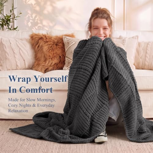 Chenille Knit Throw Blanket, Soft Cable Knit Blanket with Openwork