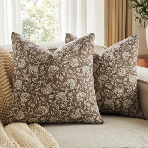 Vintage Floral Pillow Covers 18x18 Set of 2, Dahlia Botanical Block