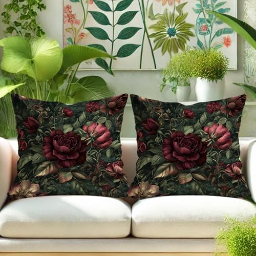 Vintage Floral Pillow Covers Set of 2, Dark Red Rose Botanical Throw