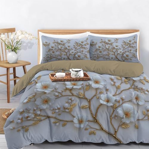 Duvet Cover Set King, 3D Minimalist Flowers and Branches Brushed